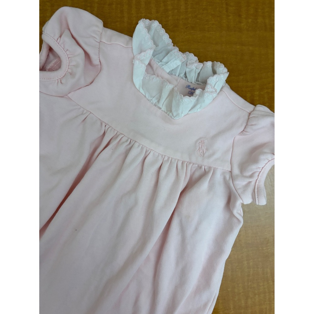 Ralph Lauren Baby Girl Pink Ruffle Lace Collar Bubble Romper 12M Soft Cotton